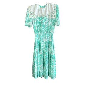 Jane Singer Vintage 90s Mint Green Floral White Lace Collar Midi Dress Size 6